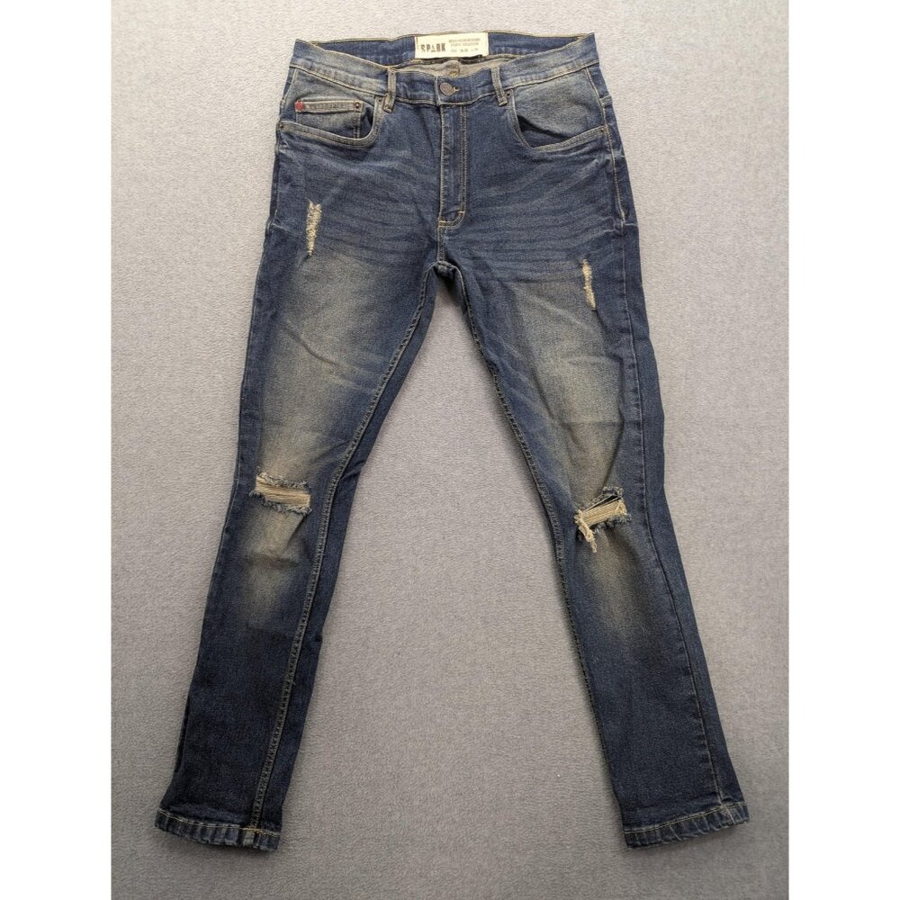 Spark Jeans Mens 36x34 Blue Medium Wash Slim Skinny Distressed Stretch Denim